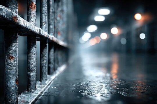 Rusty prison bars line a dark, damp corridor