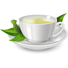 A Detailed 3d Render Of A White Ceramic Cup Filled With Light Green Tea And Fresh Green Leaves On A Saucer Against A Transparent Background