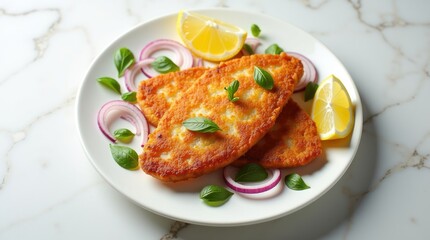 Deliciously golden fried food is presented beautifully on a white plate, accompanied by red onion rings, fresh green basil leaves, and bright yellow lemon wedges, creating a vibrant and appetizing...