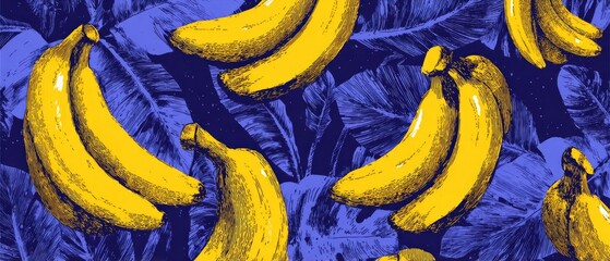 Yellow bananas and purple leaves pattern, tropical themed