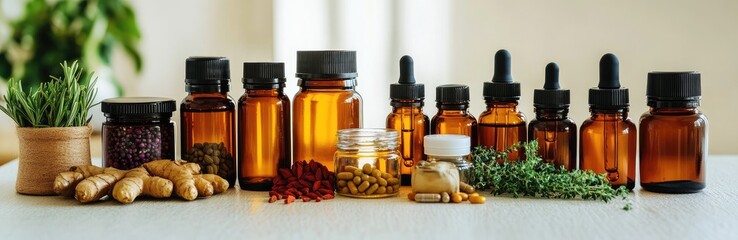 Herbal remedies amber bottles, roots, spices, herbs