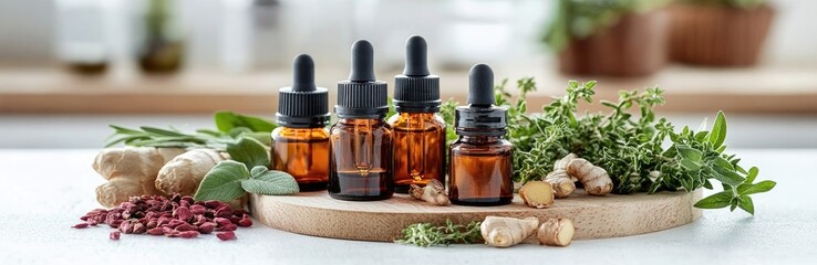 Oil bottles w/ dropper amidst herbs and ginger roots