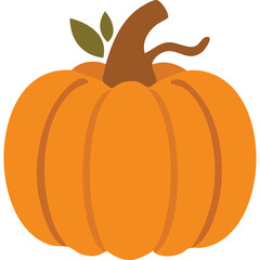 A detailed illustration of a bright orange pumpkin with green leaves and a brown stem on a transparent background symbolizing autumn and harvest season