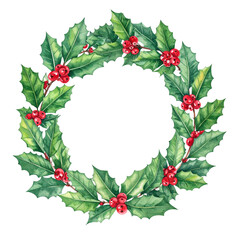 Festive Holly Wreath with Red Berries for Holiday Decoration