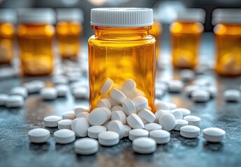 Amber bottle, pills White tablets surround center container