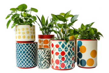 Colorful patterned plant pots with green foliage isolated on a transparent background