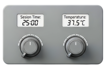 Digital control panel for setting session time and temperature on a transparent background