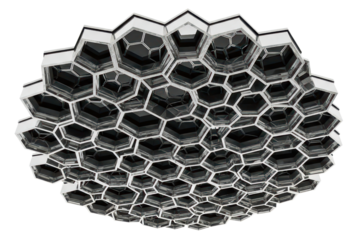 Modern ceiling lamp with a futuristic honeycomb pattern design on a transparent background