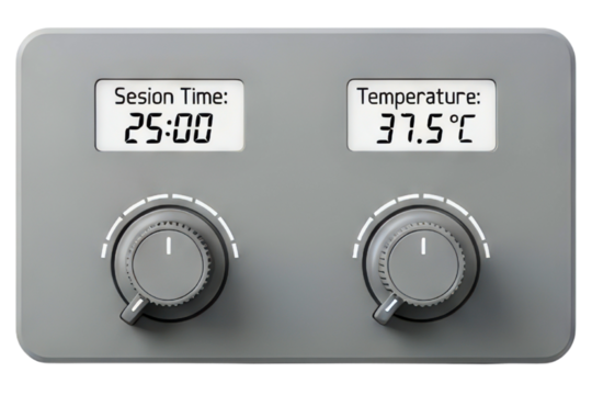 Digital control panel for setting session time and temperature on a transparent background