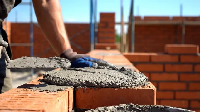 Close-up of a mason using a trowel to spread wet mortar on a red brick wall at a construction site on a clear sunny day. Focus on textures of brick and cement.