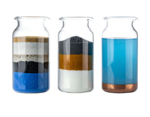 Three glass jars, two with layered sand, one filled with blue liquid, all against a black background