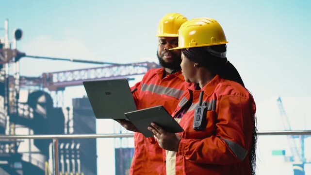 Offshore platform engineering team testing safety systems, scheduling infrastructure repairs. Coworkers oversee mechanical and structural integrity of drilling rig, doing inspection, camera B