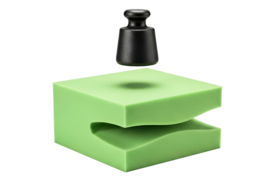 Black calibration weight levitating above a green foam mold on a transparent background
