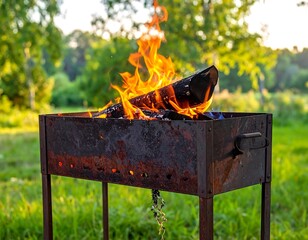 A rusty metal fire pit ablaze with burning wood outdoors