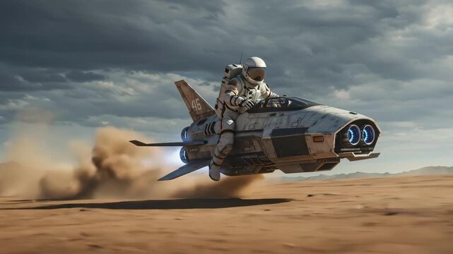 Sci-Fi Astronaut Speeder Flying Low Over Dusty Desert Landscape Under Dramatic Sky