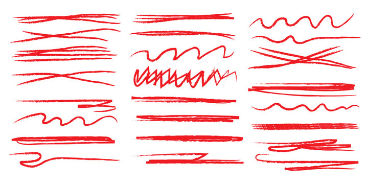 Underline red crayon, scribble stroke pencil lines. Vector set of red hand drawn crayon underline marks and strokes with rough textured sketchy lines, artistic doodle decorations for highlighting text