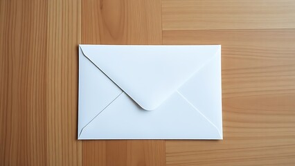 Minimalist white envelope on wooden surface, conveying simplicity and communication under soft lighting.