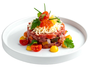 Tartare on white plate. Garnished with tomatoes, herbs, roe, and shredded topping. Isolated on a black background