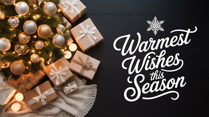 Christmas tree with ornaments and wrapped gifts on a dark wooden background, featuring festive text 'Warmest Wishes this Season'