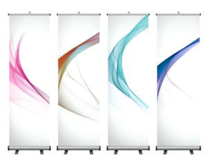 Four roll-up banners with flowing, vibrant, transparent colorful wave designs against clean white backgrounds