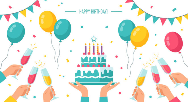 Happy birthday celebration with cake, balloons, and champagne toasts