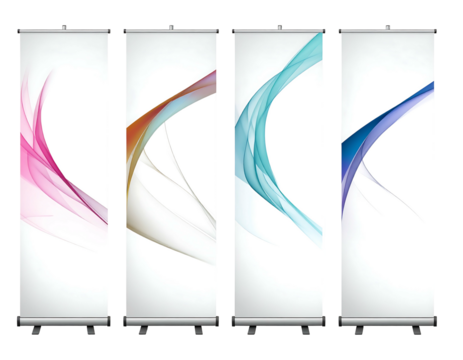 Four roll-up banners with flowing, vibrant, transparent colorful wave designs against clean white backgrounds