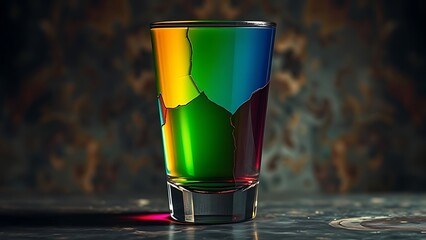 An abstract visualization of a vibrant colorful cocktail glass slowly cracking and draining of its color against a dark background.