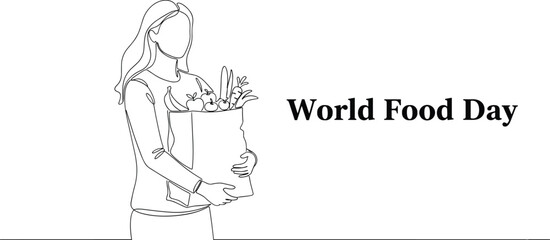 World Food Day vegetable bag sketch, person holding fresh produce, minimalist line art, healthy eating illustration, black and white design