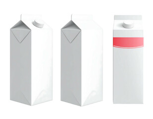 Three blank, white gable top carton mockups, one with a pink horizontal stripe. Isolated on a white background
