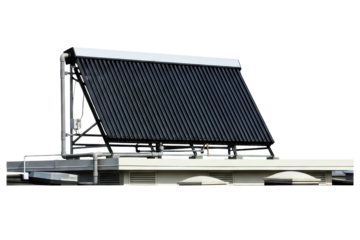 Evacuated tube solar thermal collector for heating water on a roof on a transparent background