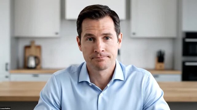 A man in a blue shirt speaks to camera. Kitchen blurred background