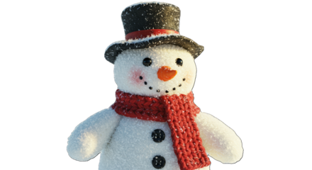 Cute Snowman Wearing Red Scarf and Black Hat with Snow Sparkles