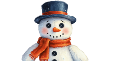 Cute Snowman With Carrot Nose Orange Scarf And Blue Hat Isolated
