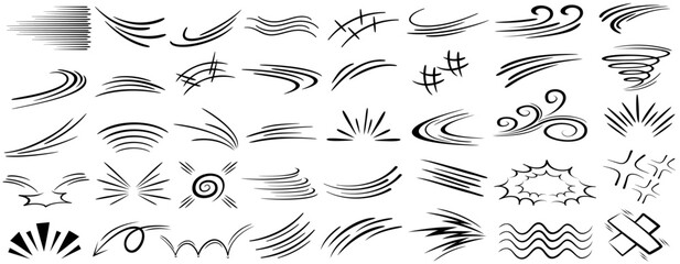 set vector movement doodle comic. speed line cartoon effect. Swoosh Curls motion line elements. bursts line manga design illustration