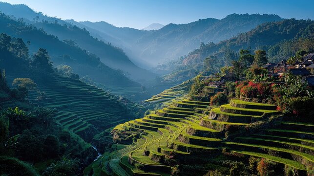 Lush terraced rice paddies descend a valley between misty mountains