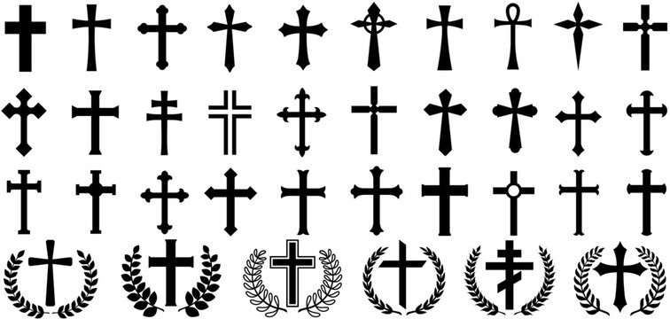 set vector Christian cross sign. Catholic cross ornament symbol. Religion crucifixion ornament sign design illustration