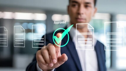 A man is touching the checkmark icon to approve for the concept of business.