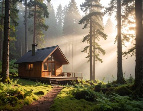 Cozy wooden cabin nestled in a sunlit, misty forest