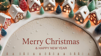 Christmas scene with illuminated gingerbread houses, snow-covered trees, and festive greeting text