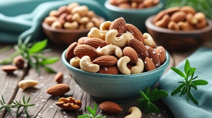 Bowls filled with mixed nuts, including almonds, cashews, and walnuts, are presented on a rustic wooden surface adorned with sprigs of greenery and a textured teal cloth, showcasing healthy snack...