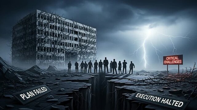 Video of a building in a ruin setting and a group of silhouette people for the concept of critical challenges.