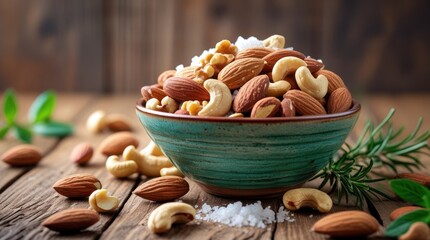 A vibrant image showcases a teal-colored bowl filled to the brim with assorted nuts like almonds and cashews, complemented by a scattering of nuts on a rustic wooden surface, enhanced by soft...