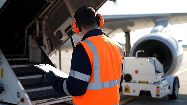 Ground crew member in safety gear, writing on clipboard, near parked jet plane on tarmac