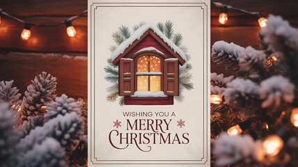 Christmas greeting card featuring a snow-covered cabin window with festive lights and pine branches
