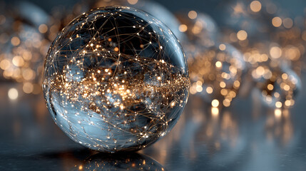 A constellation reflects beautifully within a floating glass orb, creating a luminous, ethereal scene. The image symbolizes cosmic wonder, reflection, and the delicate connection between universe and 