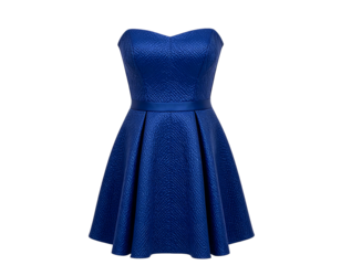 Strapless, textured blue cocktail dress with pleated skirt and solid trim at waist against a black background