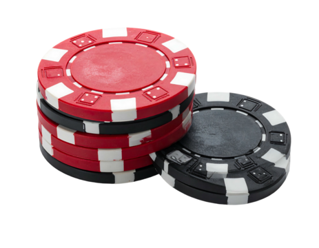 Stack of red & black poker chips, with white accents on black background. Isolated, clean & ready for casino night!