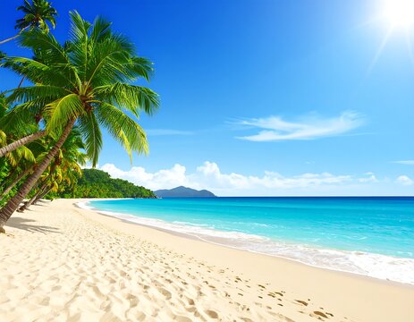Tropical beach scene with palm trees, blue water, and clear skies (1)