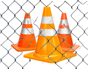 Three bright orange traffic cones behind a chain-link fence on a black background, with two white stripes