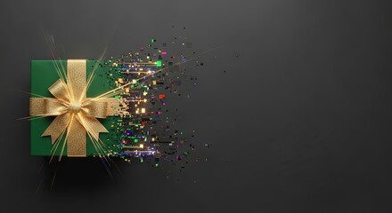 Gift box disintegrating into digital particles with glowing neon trail on dark background.